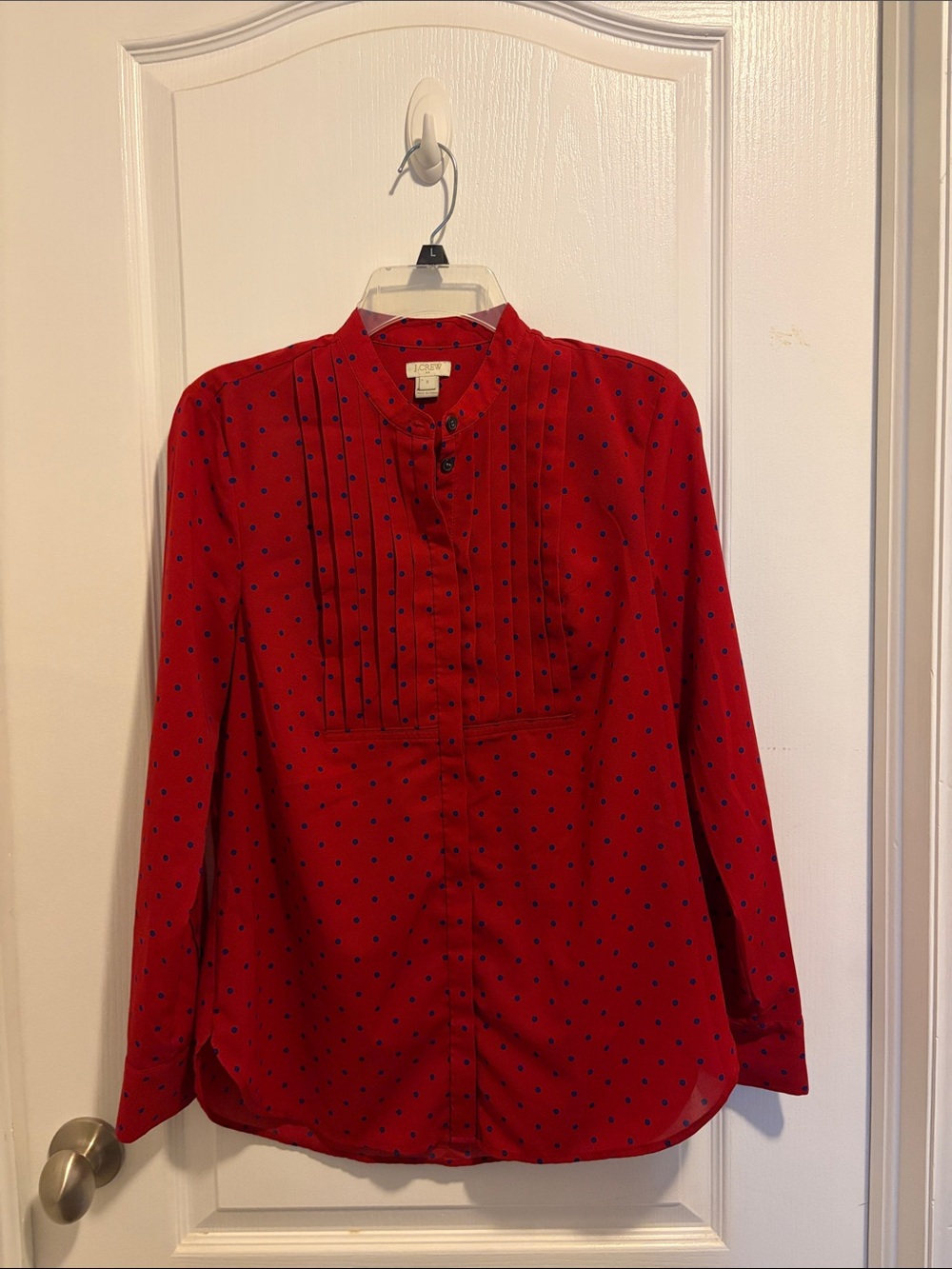 J. Crew Factory Red Blouse with Navy Polka Dots